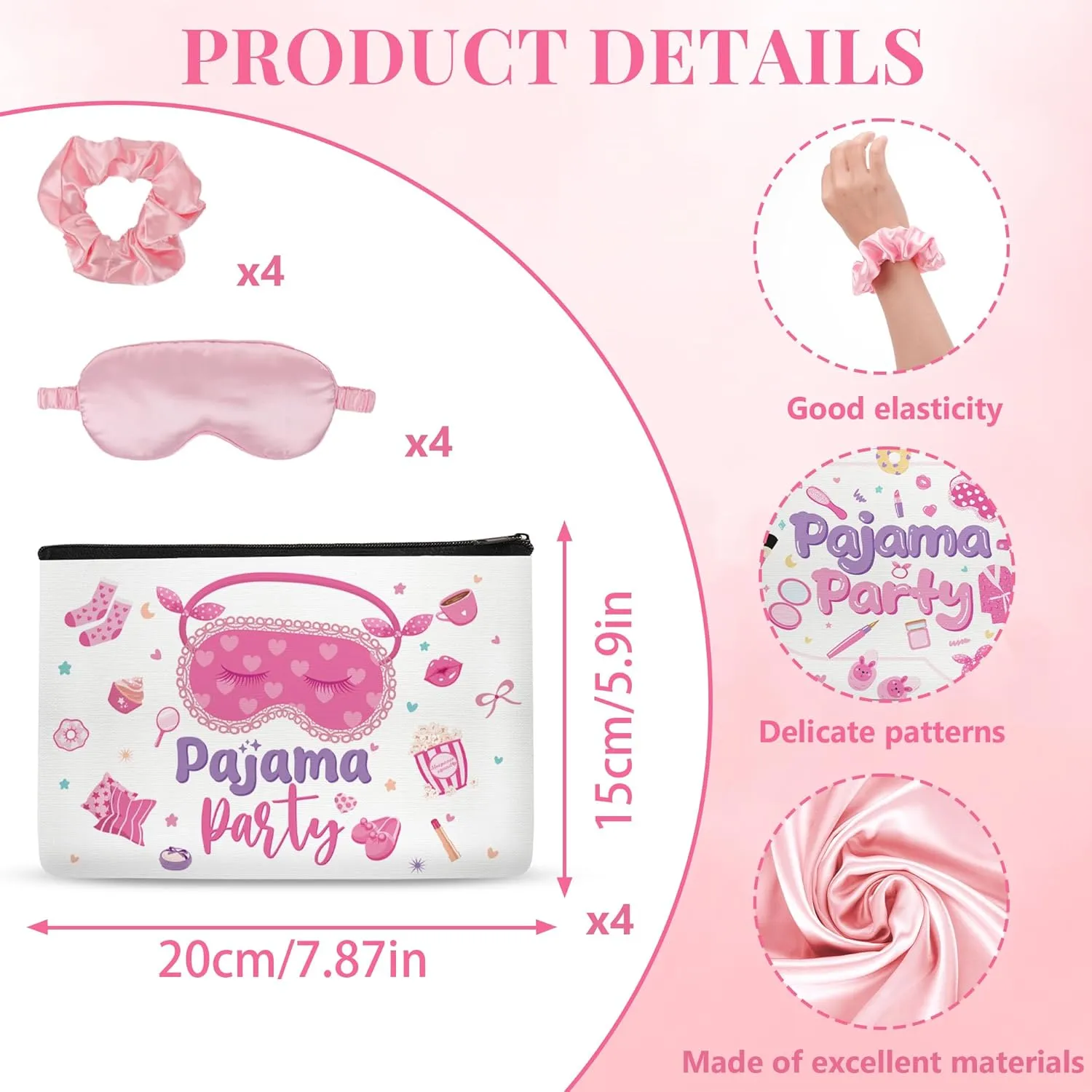 12Pcs Sleepover Party Supplies for Girls, Includes 4 Pink Plush Eye Masks, 4 Hair Bands and 4 Double-Sided Printed Makeup Bags Slumber Party Supplies Spa Birthday Party Favors