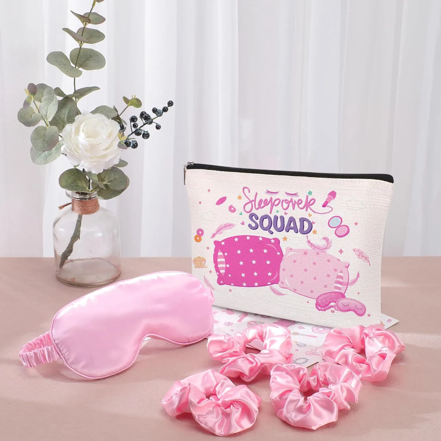 12Pcs Sleepover Party Supplies for Girls, Includes 4 Pink Plush Eye Masks, 4 Hair Bands and 4 Double-Sided Printed Makeup Bags Slumber Party Supplies Spa Birthday Party Favors