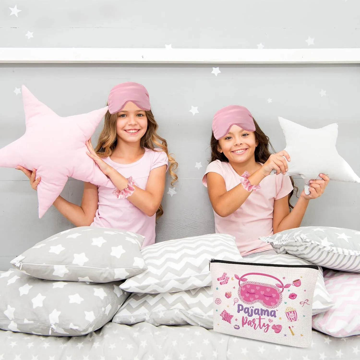 12Pcs Sleepover Party Supplies for Girls, Includes 4 Pink Plush Eye Masks, 4 Hair Bands and 4 Double-Sided Printed Makeup Bags Slumber Party Supplies Spa Birthday Party Favors