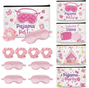 12Pcs Sleepover Party Supplies for Girls, Includes 4 Pink Plush Eye Masks, 4 Hair Bands and 4 Double-Sided Printed Makeup Bags Slumber Party Supplies Spa Birthday Party Favors