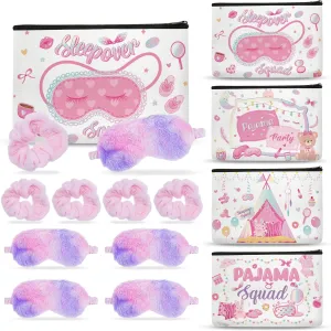 12Pcs Slumber Party Supplies for Girls, Sleepover Party Supplies Includes 4 Pink Plush Eye Masks, 4 Hair Bands and 4 Double-Sided Printed Makeup Bags for Spa Birthday Party, Pajama Favors