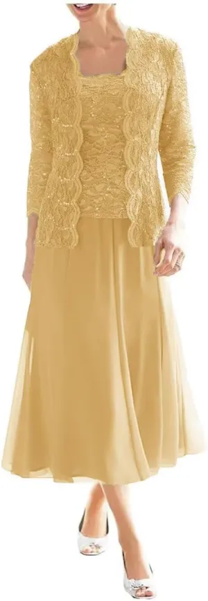 2-Pieces Mother of Bride Dresses with Jacket 2-Pieces Mother of The Groom Dress Tea Length Chiffon Formal Evening Gowns