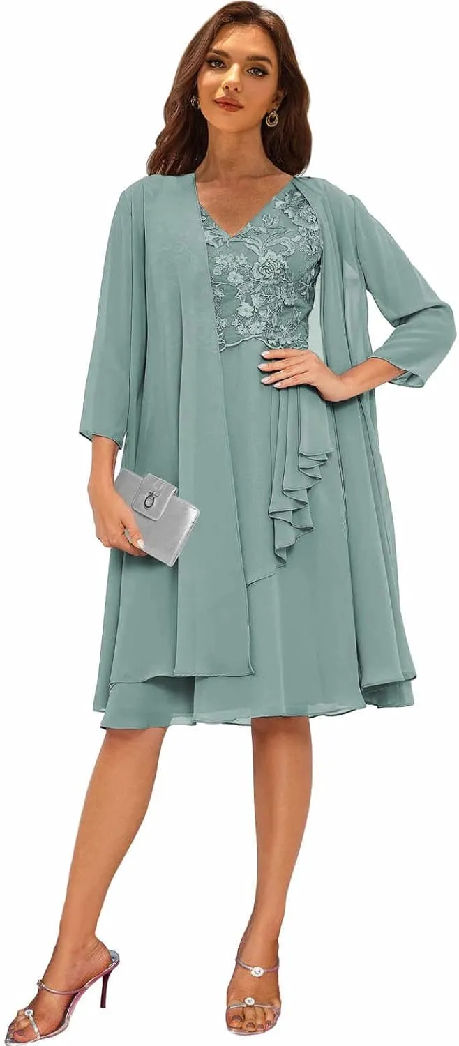 2 Pieces Mother of The Bride Dresses with Jacket Lace Short Formal Dress for Women Wedding Guest