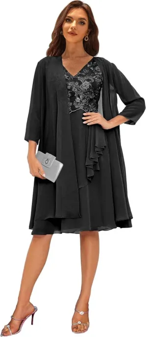 2 Pieces Mother of The Bride Dresses with Jacket Lace Short Formal Dress for Women Wedding Guest