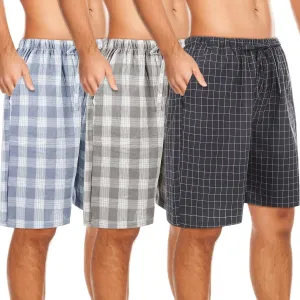 3 Pack Men Cotton Pajama Shorts Woven Sleep Pajama Lounge Sleep Shorts with Drawstring Pockets