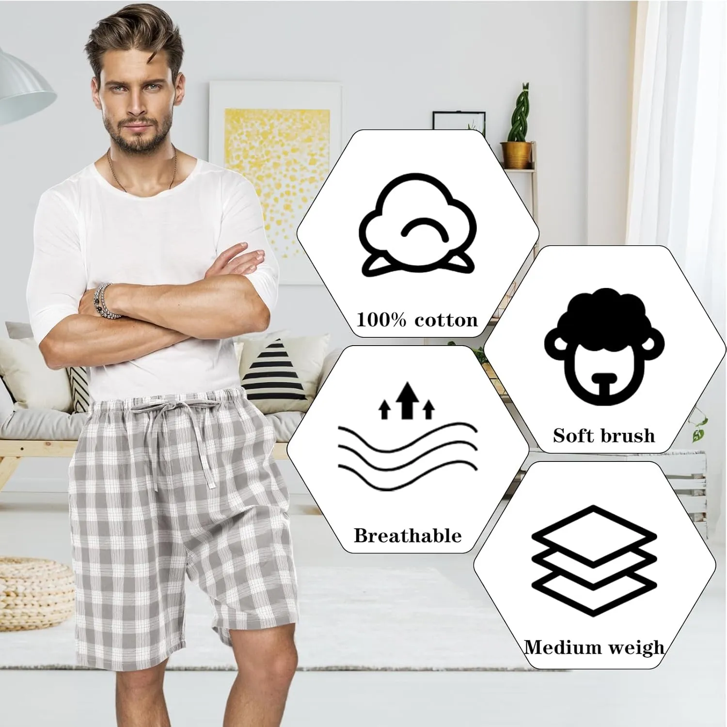 3 Pack Men Cotton Pajama Shorts Woven Sleep Pajama Lounge Sleep Shorts with Drawstring Pockets