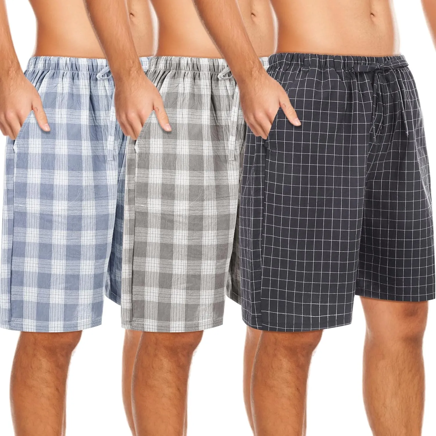 3 Pack Men Cotton Pajama Shorts Woven Sleep Pajama Lounge Sleep Shorts with Drawstring Pockets