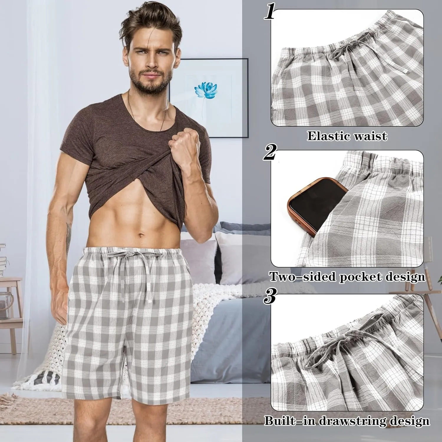 3 Pack Men Cotton Pajama Shorts Woven Sleep Pajama Lounge Sleep Shorts with Drawstring Pockets