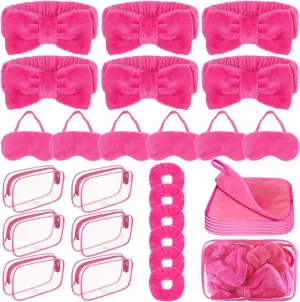 30 Pcs Sleepover Party Supplies for Girls Include 6 Bow Makeup Headband 6 Plush Sleep Eye Mask 6 Velvet Scrunchies 6 Makeup Remover Cloth 6 Clear Cosmetic Bags for Slumber Spa Party Favors Rose Red