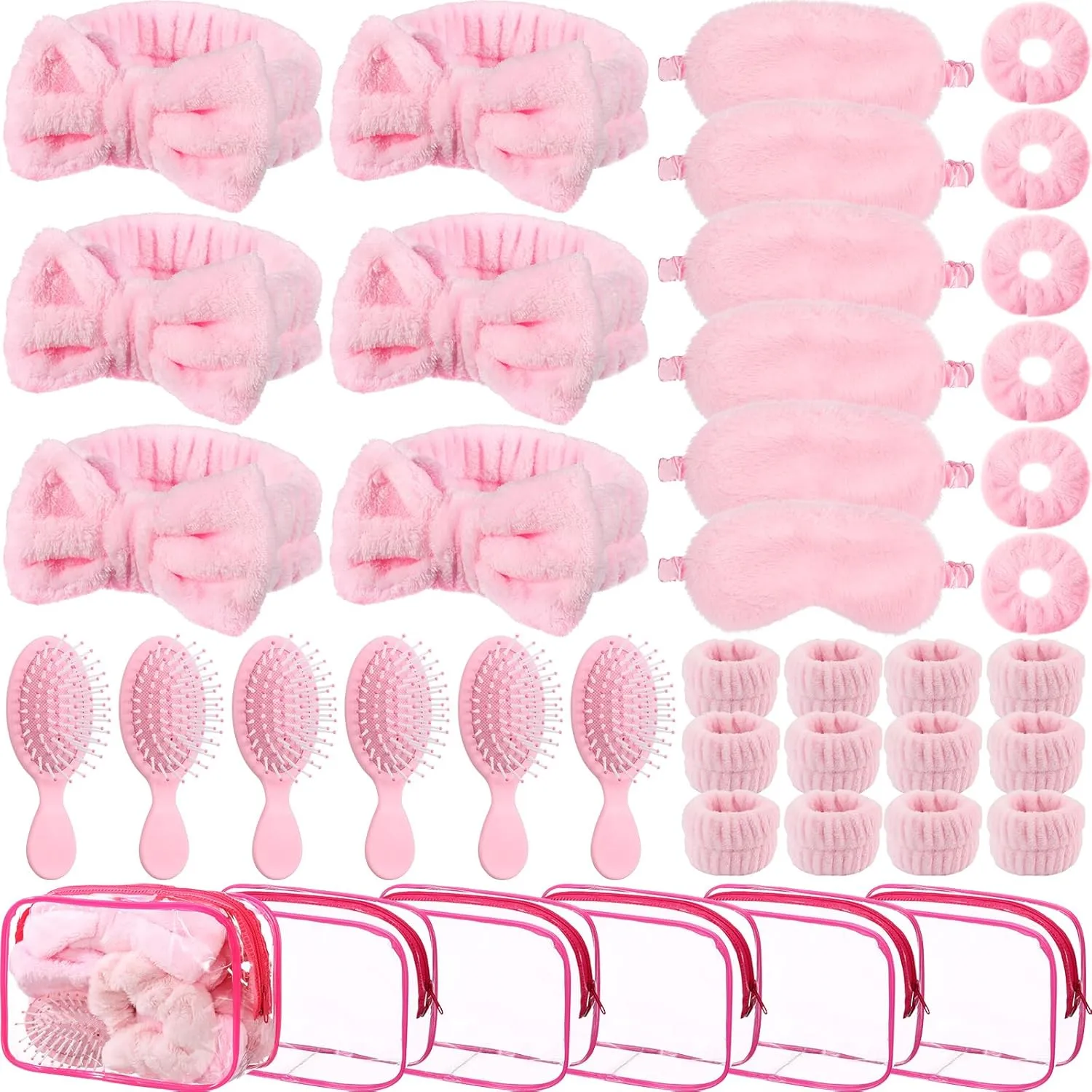 36 Pieces Pink Spa Sleepover Party Favors 6 Pink Spa Headband 6 Plush Sleep Eye Mask 6 Velvet Scrunchies 6 Wristband 6 Hair Brush 6 Clear Cosmetic Bags for Slumber Party Favor Gift