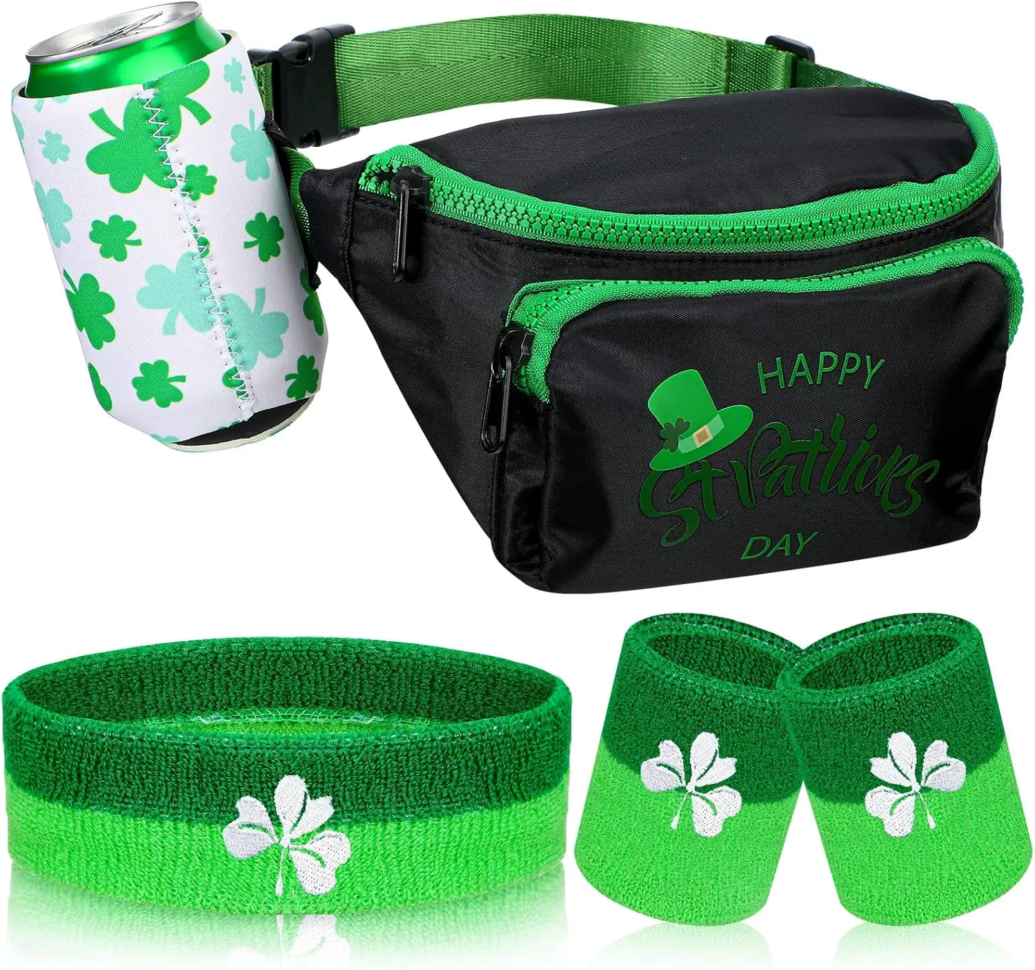 4 Pcs Fanny Pack Waist Bag with Drink Holder Sweatbands Festival Set Athletic Headbands Wristbands Set for Running Hiking Football Basketball Tennis Party(Lucky Style)