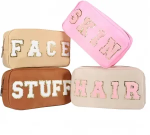 4 Pcs Nylon Cosmetic Bags Travel Organizer Chenille Letter Makeup Pouch Zipper Preppy Waterproof Hair Bag Toiletry Pouch for Women Girls Coffees