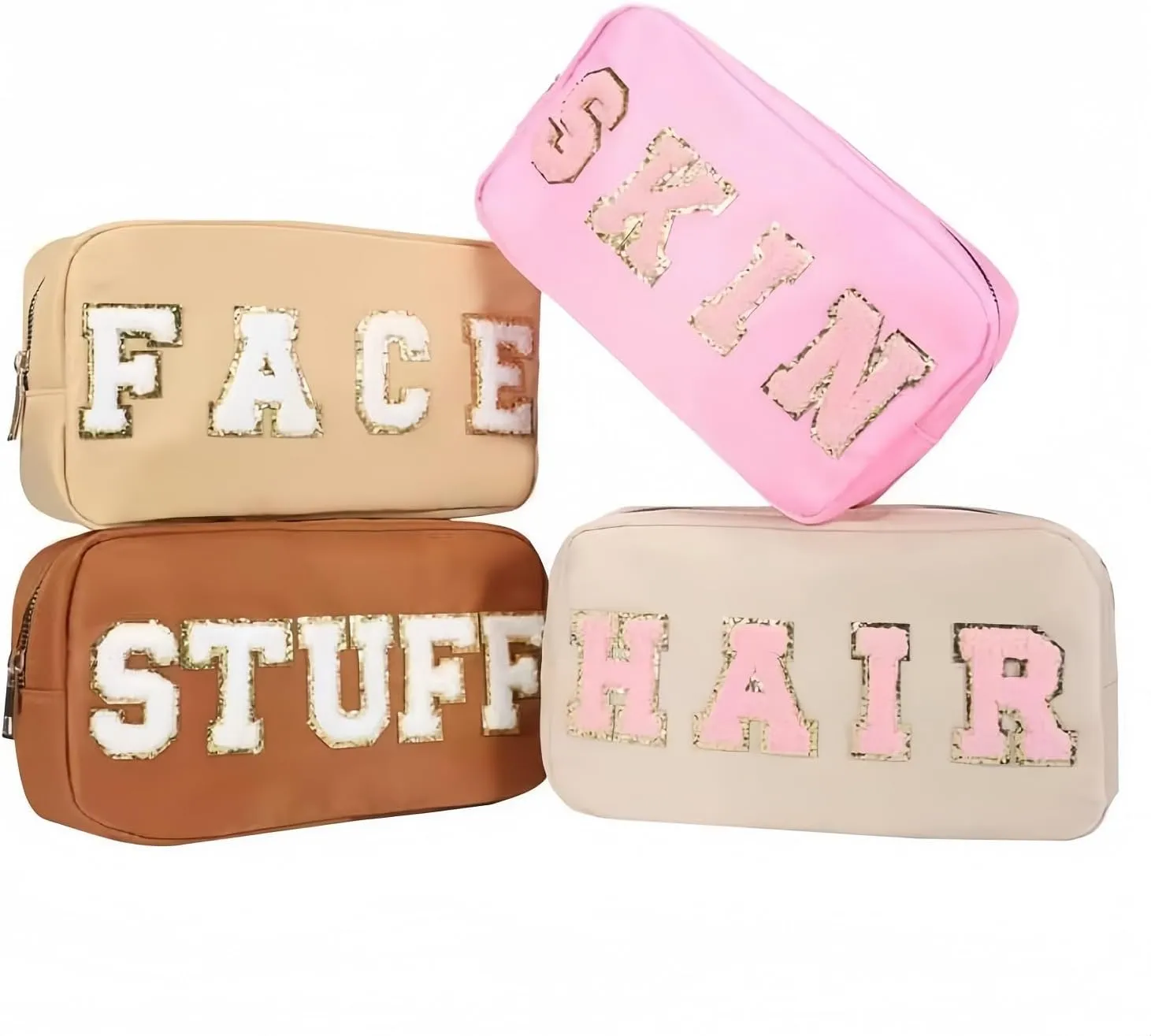 4 Pcs Nylon Cosmetic Bags Travel Organizer Chenille Letter Makeup Pouch Zipper Preppy Waterproof Hair Bag Toiletry Pouch for Women Girls Coffees