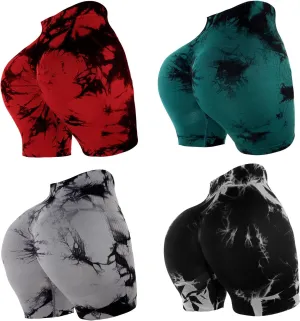 4 Piece Women Workout Shorts Tie Dye High Waist Butt Lift Shorts Tight Women Workout Gym Yoga Sports Shorts