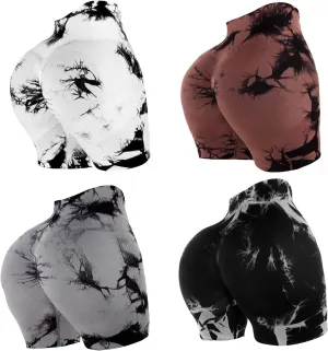 4 Piece Women Workout Shorts Tie Dye High Waist Butt Lift Shorts Tight Women Workout Gym Yoga Sports Shorts