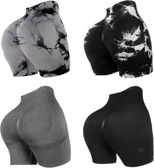 4 Piece Women Workout Shorts Tie Dye High Waist Butt Lift Shorts Tight Women Workout Gym Yoga Sports Shorts