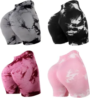 4 Piece Women Workout Shorts Tie Dye High Waist Butt Lift Shorts Tight Women Workout Gym Yoga Sports Shorts