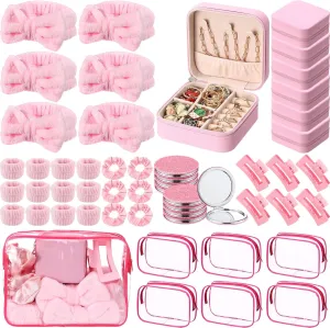 48 Pcs Spa Party Favors for Girls Pink Sleepover Party Supplies Bow Headband Wristband Scrunchies Hair Clip Jewelry Case Makeup Bag Mirror for Women Bridesmaid Proposal Return Gifts (Pink)