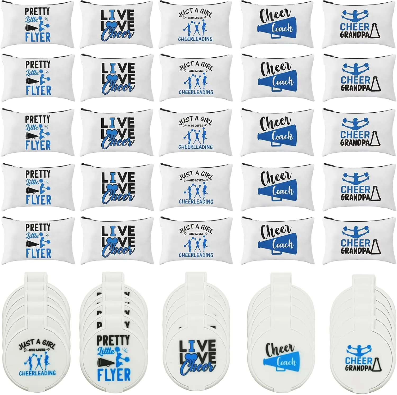 50 Pcs Cheer Makeup Bag Bulk Cheer Gifts for Cheerleaders Mirror Makeup Zipper Makeup Case Travel Pouch Cheer Party Favors for Team