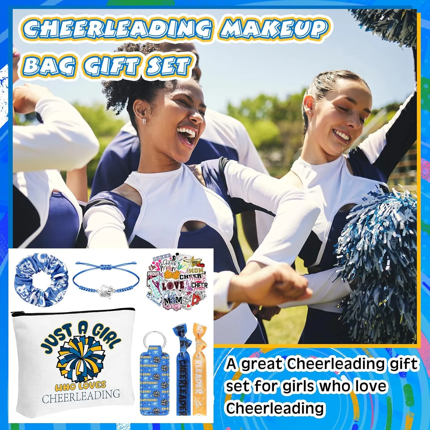 56 Pcs Sport Inspirational Gifts for Women Cosmetic Bag Purse Accessories for Players Teams Stuff Birthday Gifts Sport Party Favors(Classic Cheerleading,Blue)