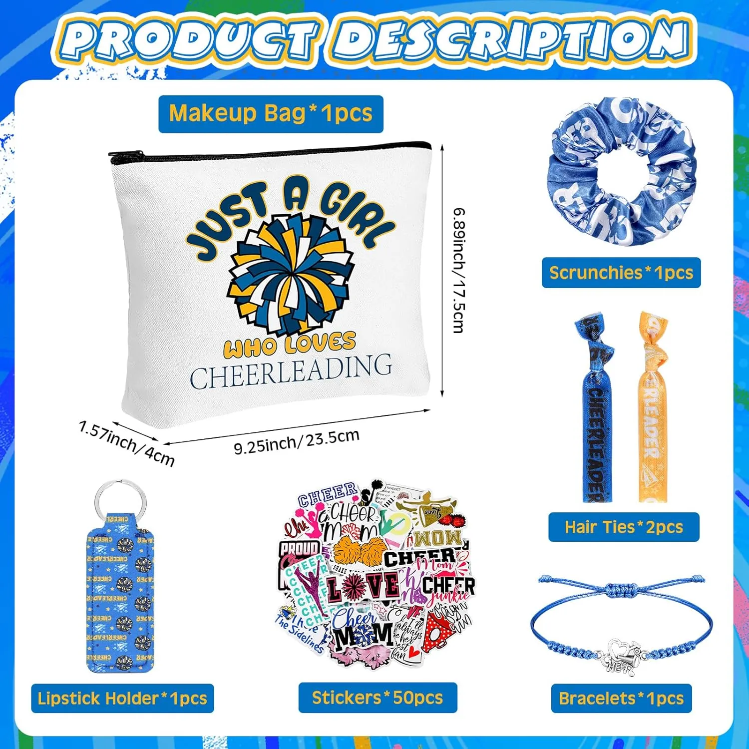56 Pcs Sport Inspirational Gifts for Women Cosmetic Bag Purse Accessories for Players Teams Stuff Birthday Gifts Sport Party Favors(Classic Cheerleading,Blue)