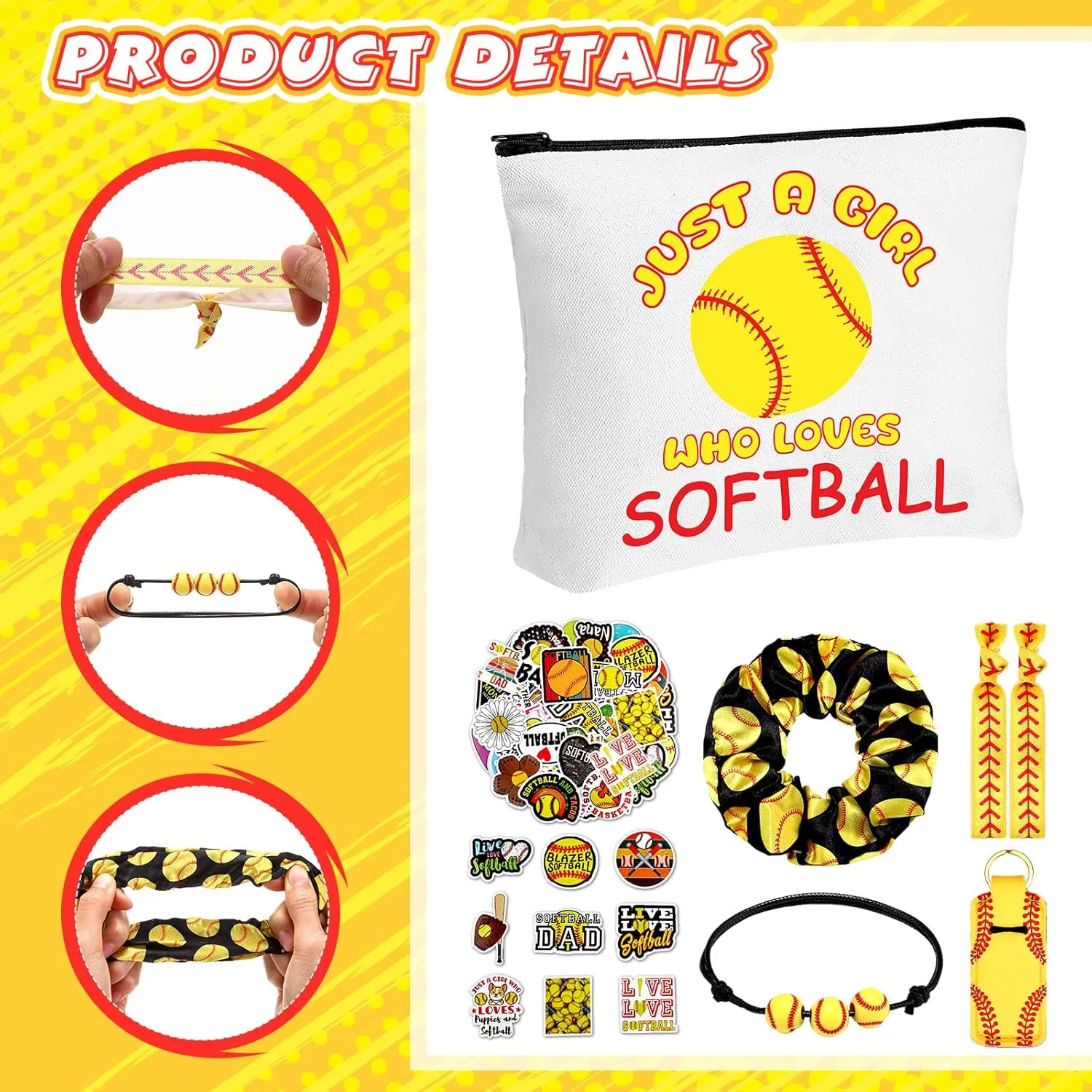 56 Pcs Sport Inspirational Gifts for Women Cosmetic Bag Purse Accessories for Players Teams Stuff Birthday Gifts Sport Party Favors(Classic Softball,Yellow)