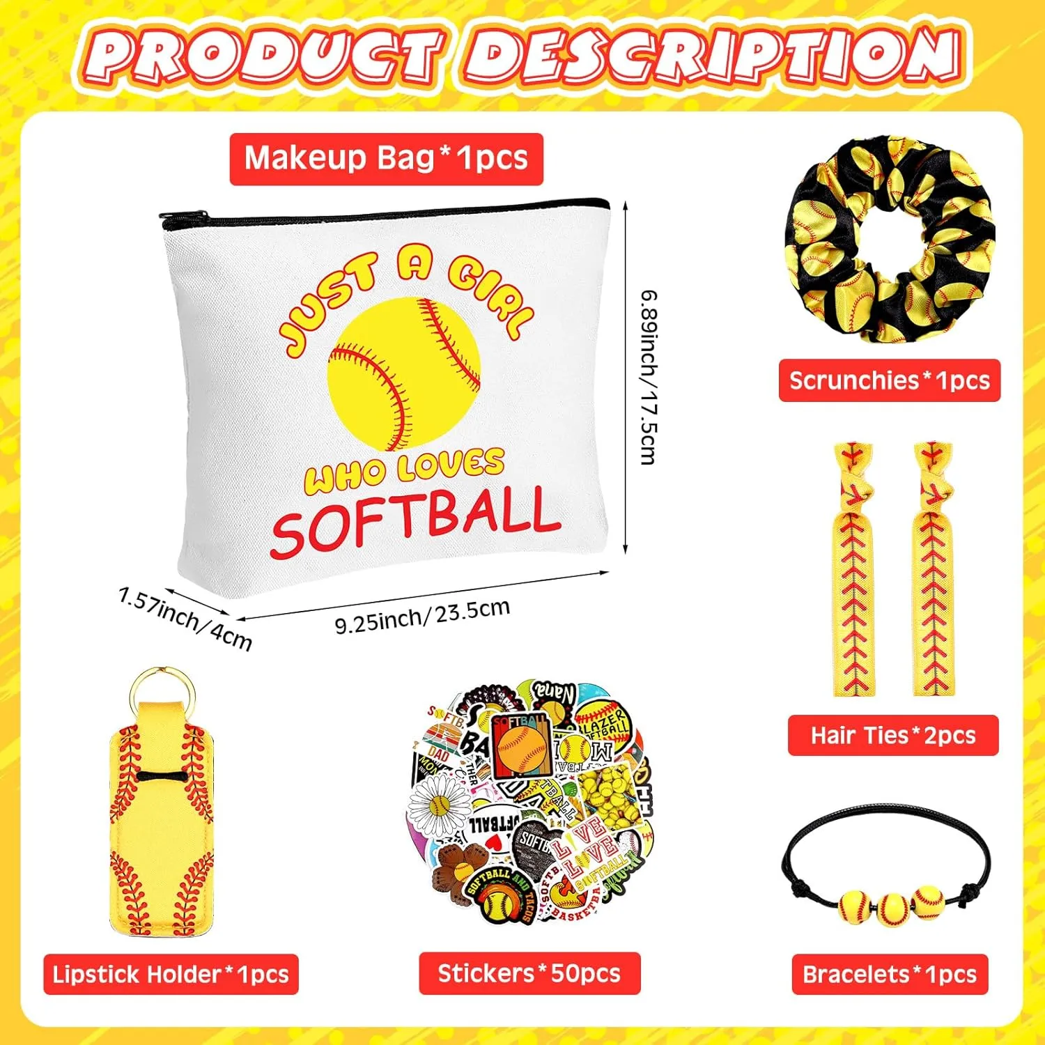 56 Pcs Sport Inspirational Gifts for Women Cosmetic Bag Purse Accessories for Players Teams Stuff Birthday Gifts Sport Party Favors(Classic Softball,Yellow)