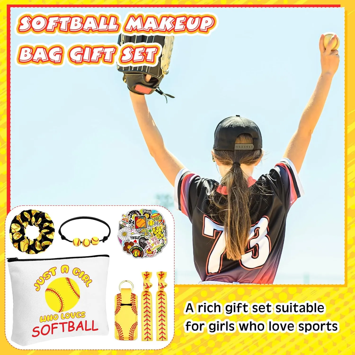 56 Pcs Sport Inspirational Gifts for Women Cosmetic Bag Purse Accessories for Players Teams Stuff Birthday Gifts Sport Party Favors(Classic Softball,Yellow)