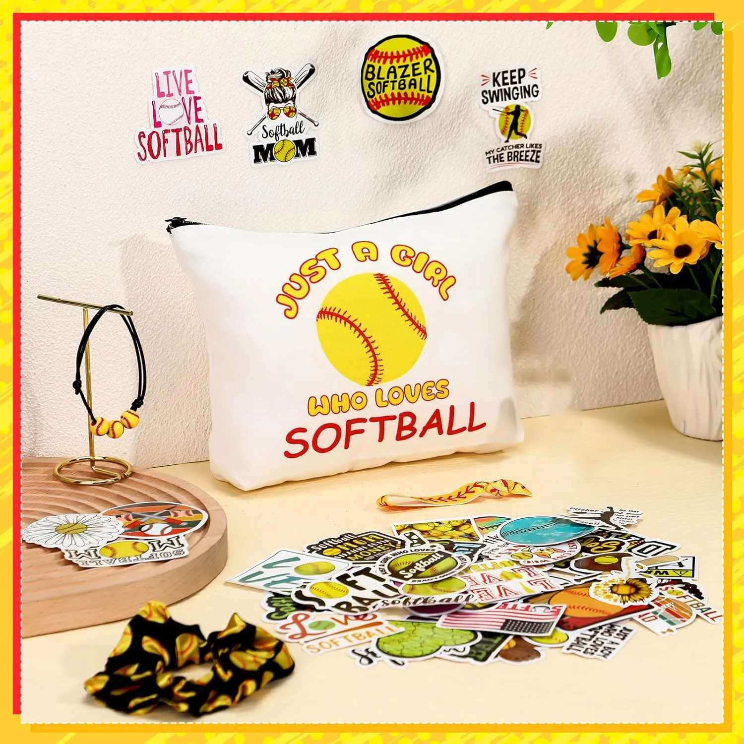 56 Pcs Sport Inspirational Gifts for Women Cosmetic Bag Purse Accessories for Players Teams Stuff Birthday Gifts Sport Party Favors(Classic Softball,Yellow)