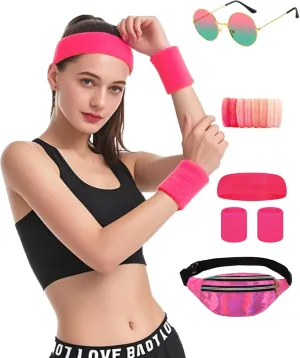 80s Outfit for Women Workout Fanny Pack Knit Warmers Headband Wristbands 80s Accessories for Theme Party Yoga Running Hiking