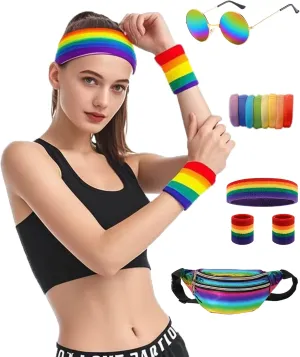 80s Outfit for Women Workout Fanny Pack Knit Warmers Headband Wristbands 80s Accessories for Theme Party Yoga Running Hiking