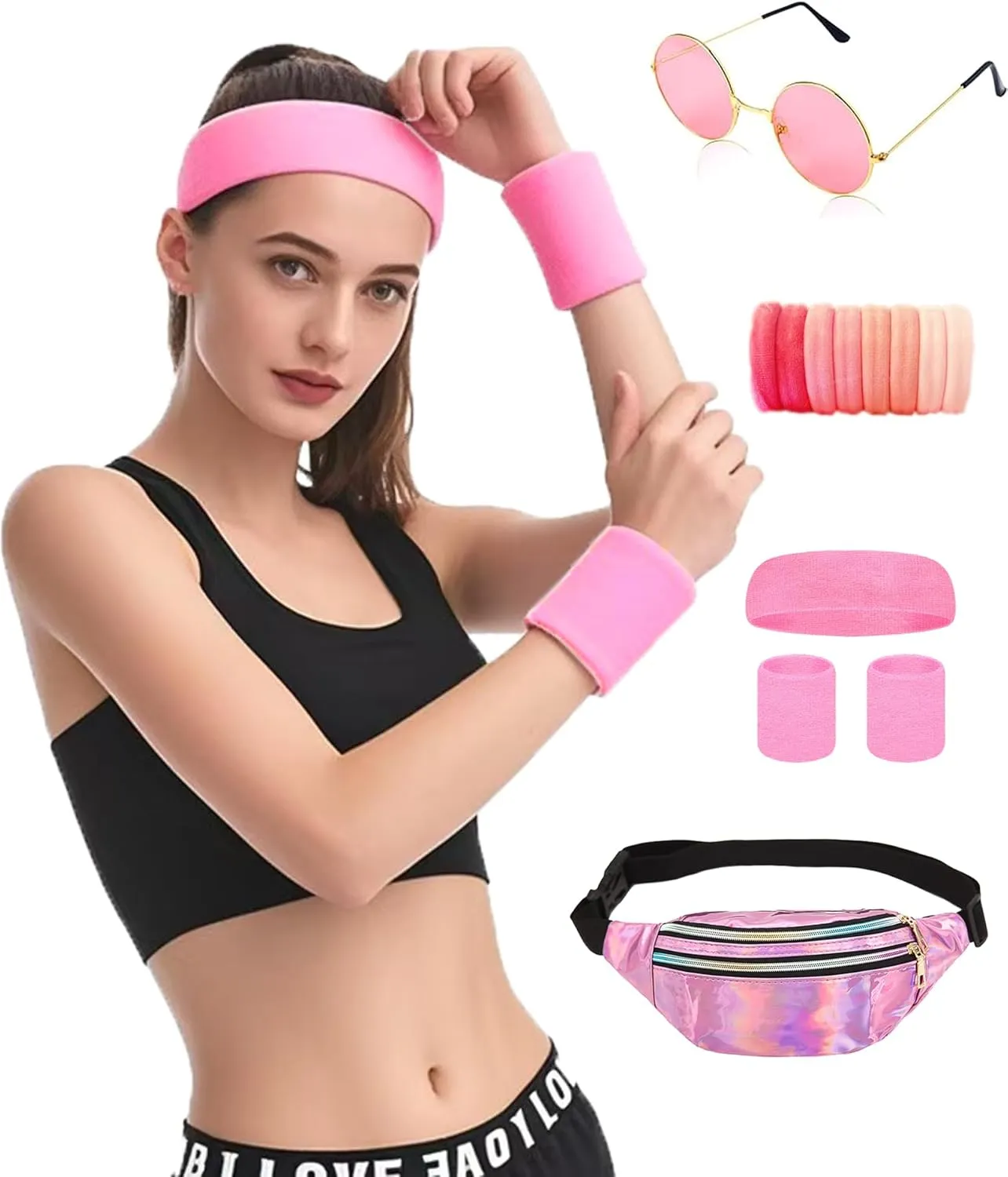 80s Outfit for Women Workout Fanny Pack Knit Warmers Headband Wristbands 80s Accessories for Theme Party Yoga Running Hiking