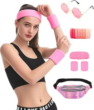 80s Outfit for Women Workout Fanny Pack Knit Warmers Headband Wristbands 80s Accessories for Theme Party Yoga Running Hiking