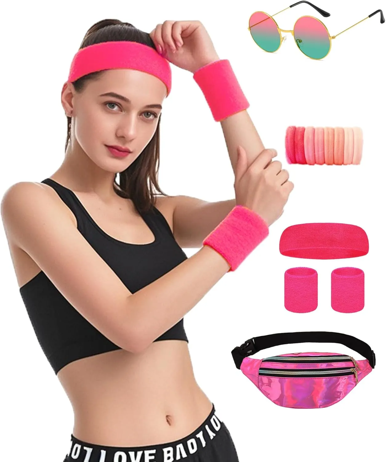80s Outfit for Women Workout Fanny Pack Knit Warmers Headband Wristbands 80s Accessories for Theme Party Yoga Running Hiking