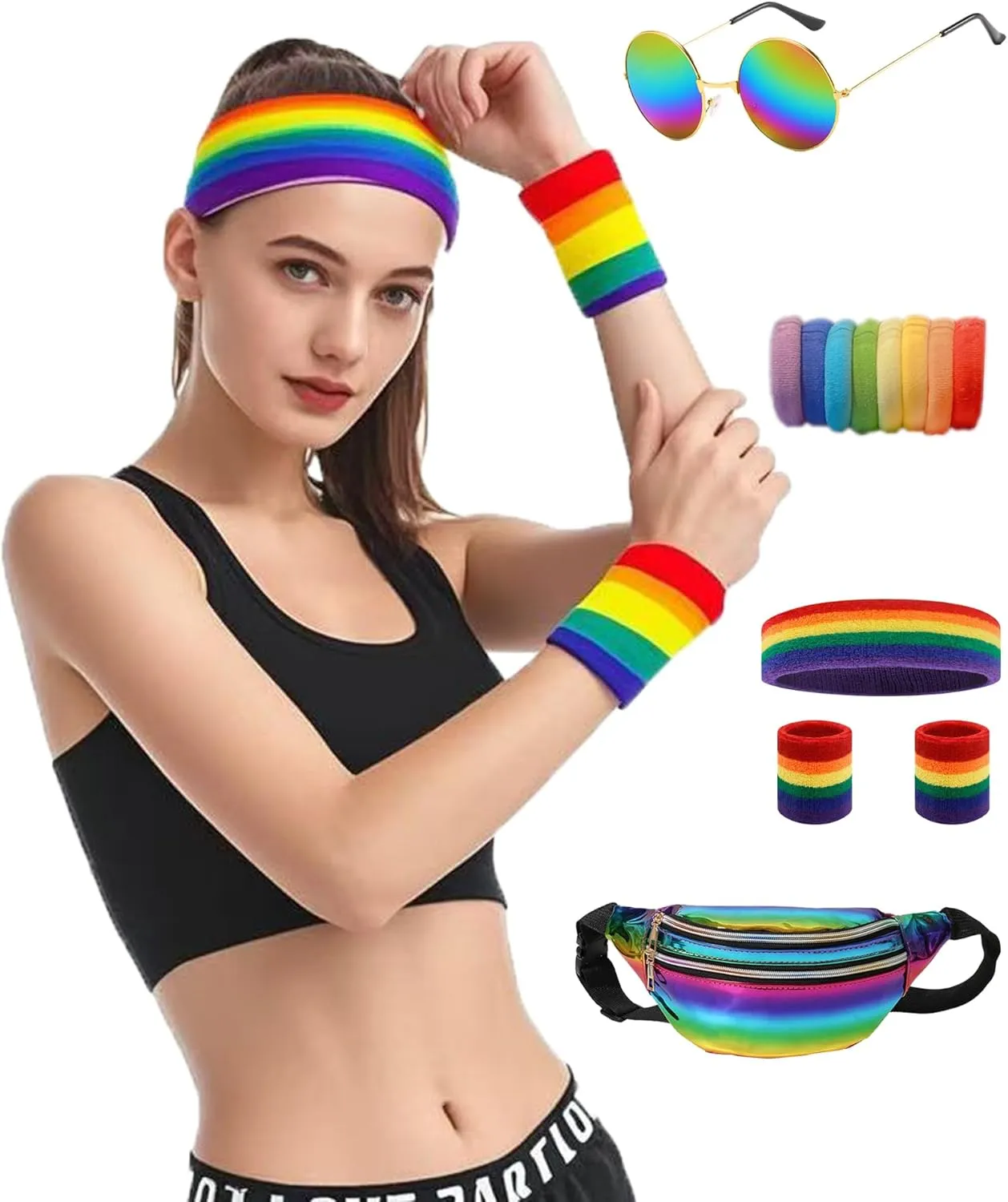 80s Outfit for Women Workout Fanny Pack Knit Warmers Headband Wristbands 80s Accessories for Theme Party Yoga Running Hiking