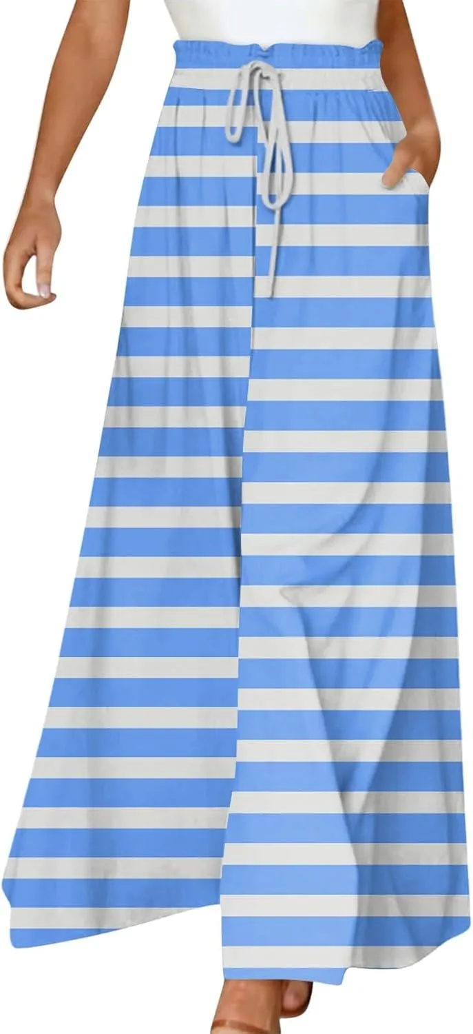 ADHOWBEW Maxi Skirts for Women Bohemian Floral Print Elastic Waist Cotton African Sexy Smocked Casual Flowy Skirts