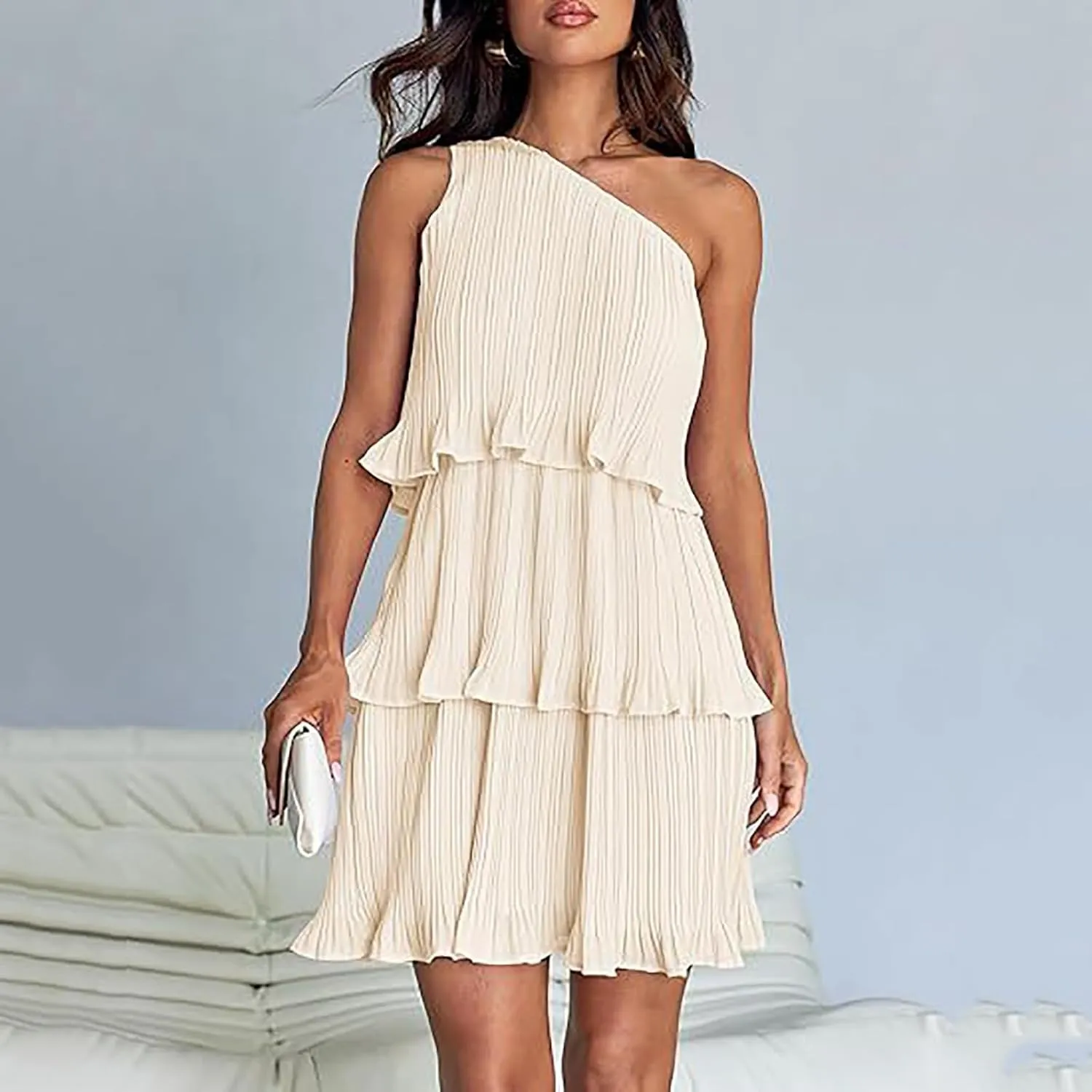 Akklian Mini Dresses for Women Summer Sleeveless Boho One Shoulder Ruffle Tiered Layered Chiffon Sundress Flowy A Line Dress