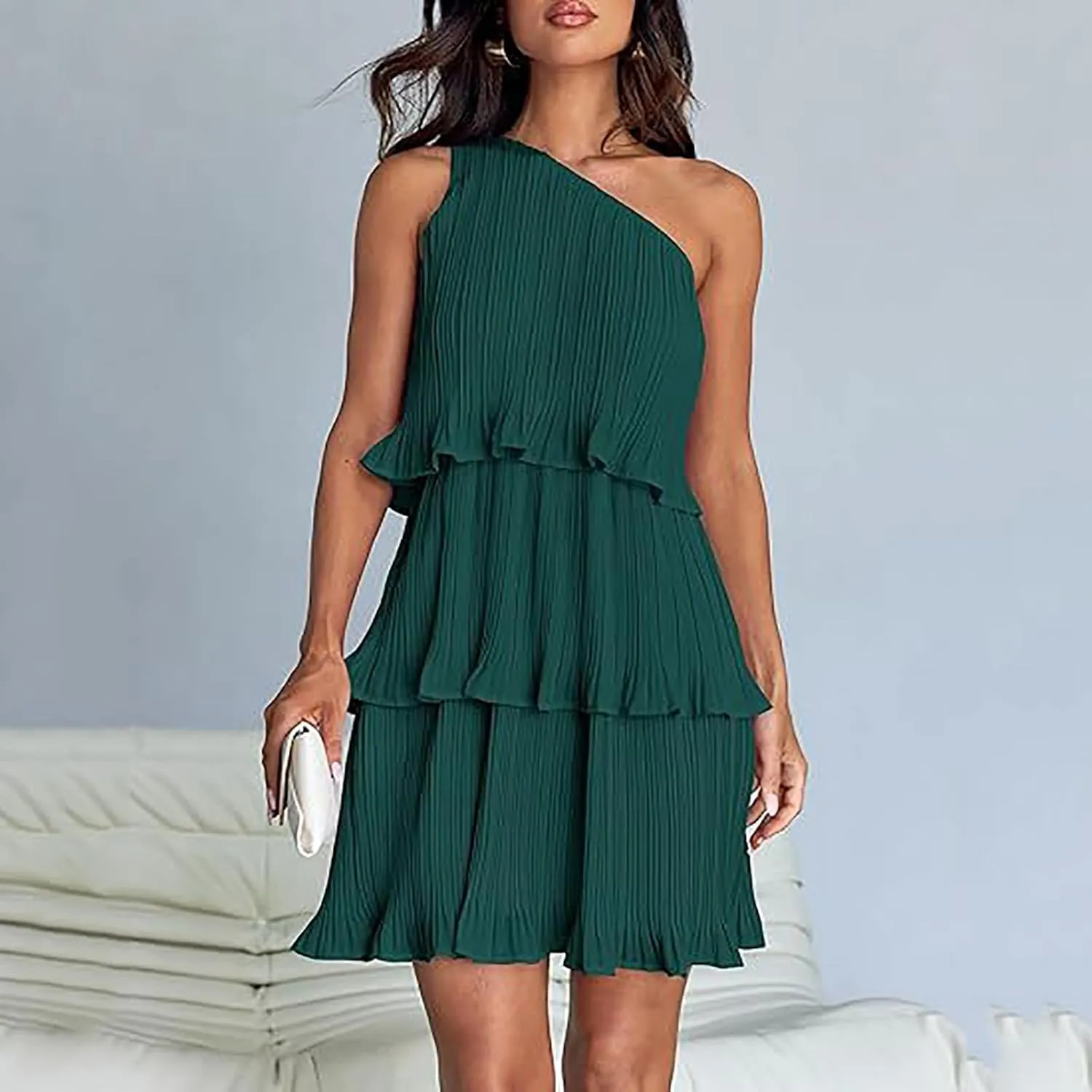 Akklian Mini Dresses for Women Summer Sleeveless Boho One Shoulder Ruffle Tiered Layered Chiffon Sundress Flowy A Line Dress