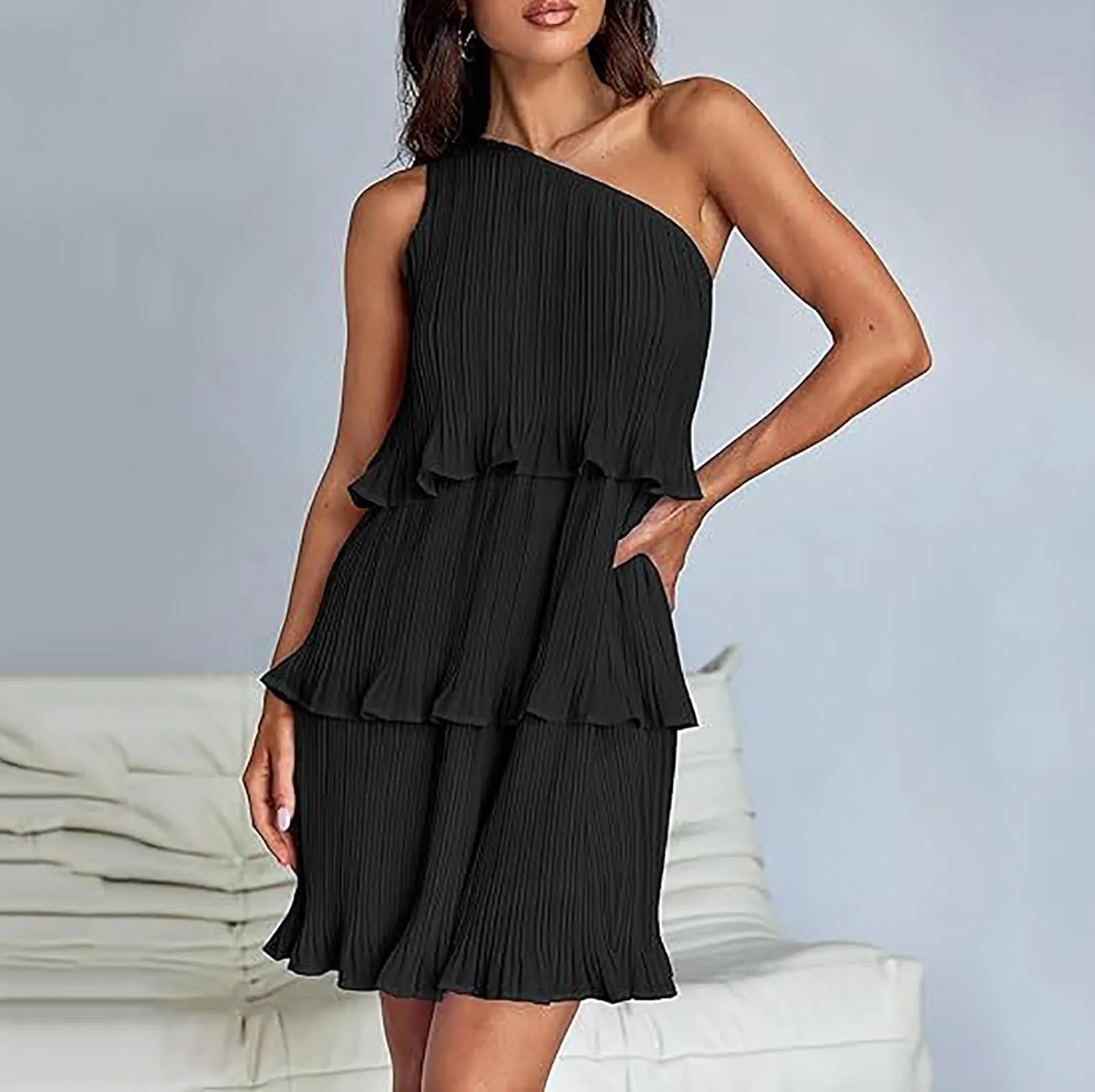 Akklian Mini Dresses for Women Summer Sleeveless Boho One Shoulder Ruffle Tiered Layered Chiffon Sundress Flowy A Line Dress