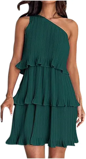 Akklian Mini Dresses for Women Summer Sleeveless Boho One Shoulder Ruffle Tiered Layered Chiffon Sundress Flowy A Line Dress