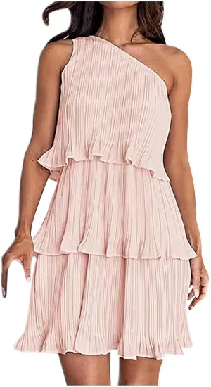 Akklian Mini Dresses for Women Summer Sleeveless Boho One Shoulder Ruffle Tiered Layered Chiffon Sundress Flowy A Line Dress