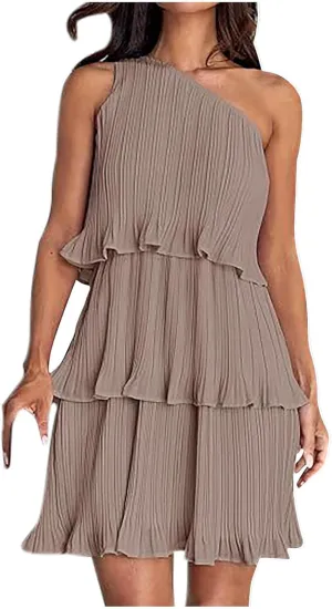 Akklian Mini Dresses for Women Summer Sleeveless Boho One Shoulder Ruffle Tiered Layered Chiffon Sundress Flowy A Line Dress