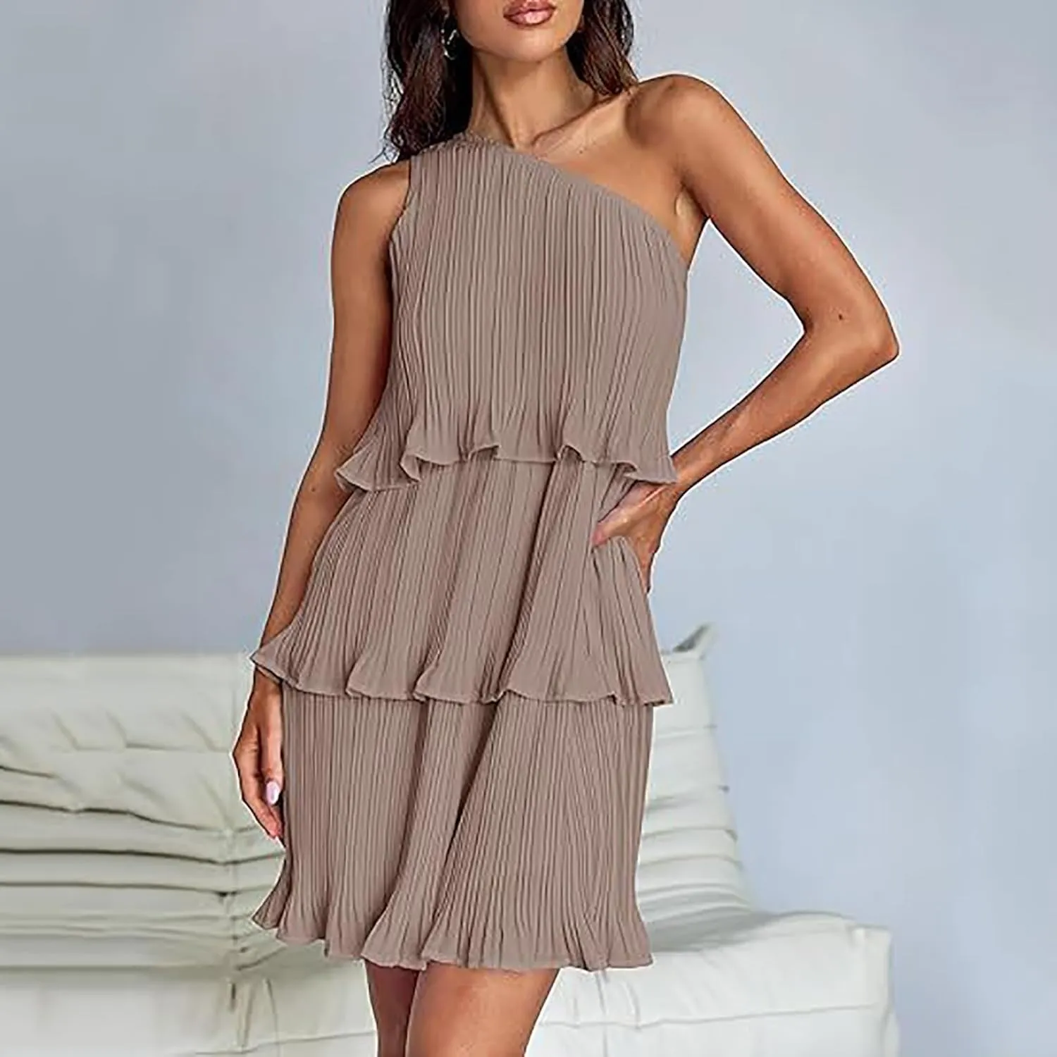 Akklian Mini Dresses for Women Summer Sleeveless Boho One Shoulder Ruffle Tiered Layered Chiffon Sundress Flowy A Line Dress