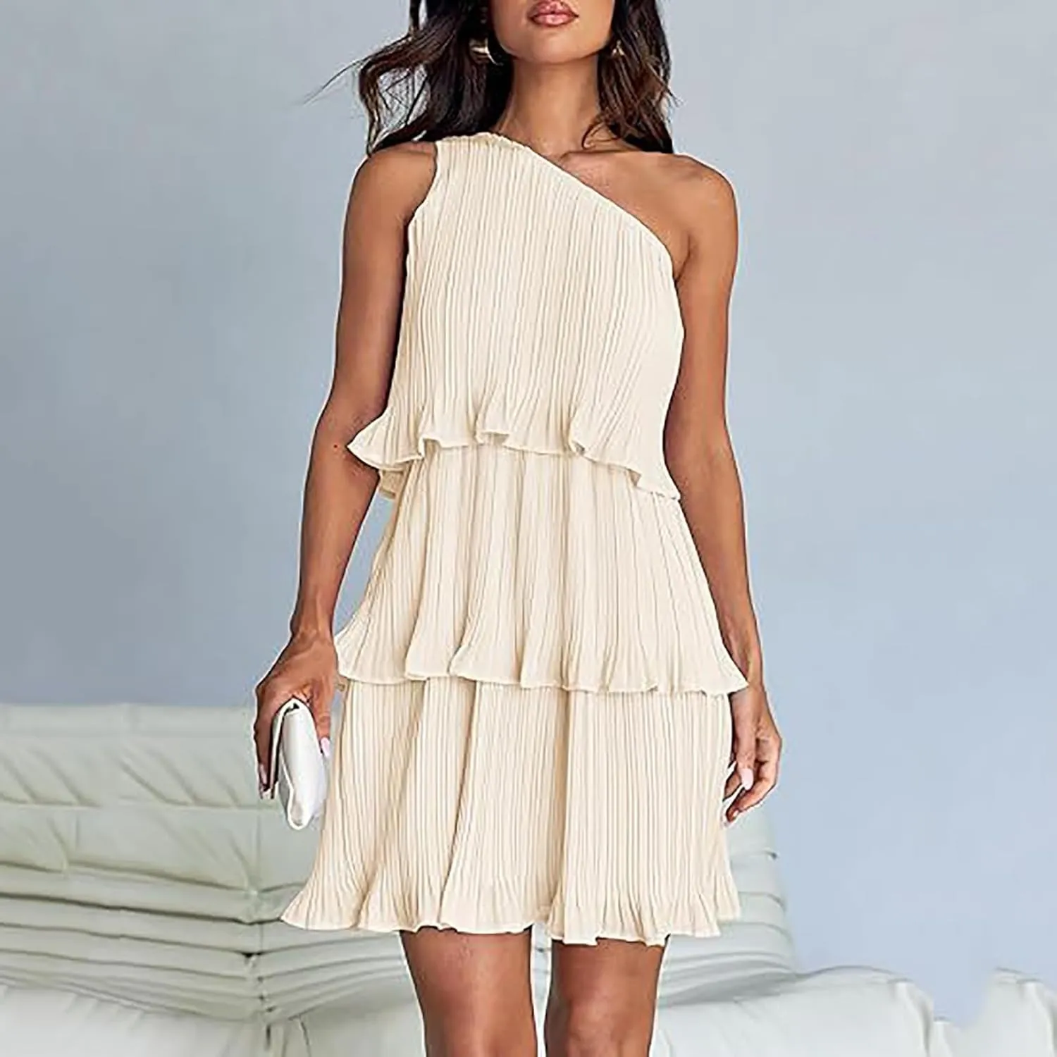 Akklian Mini Dresses for Women Summer Sleeveless Boho One Shoulder Ruffle Tiered Layered Chiffon Sundress Flowy A Line Dress