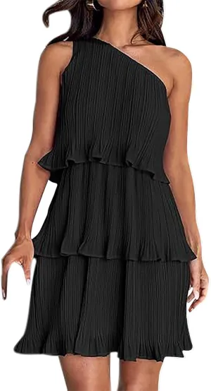 Akklian Mini Dresses for Women Summer Sleeveless Boho One Shoulder Ruffle Tiered Layered Chiffon Sundress Flowy A Line Dress