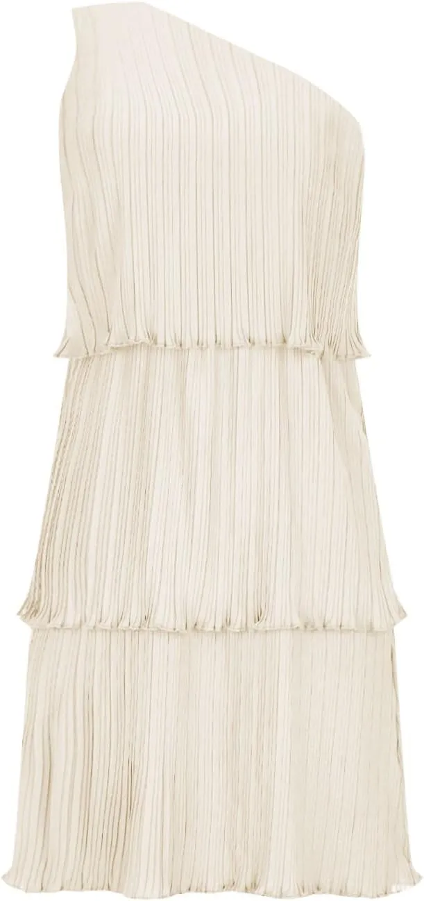 Akklian Mini Dresses for Women Summer Sleeveless Boho One Shoulder Ruffle Tiered Layered Chiffon Sundress Flowy A Line Dress