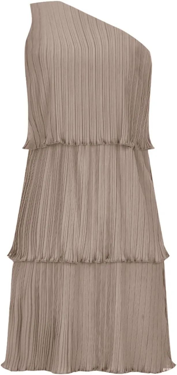 Akklian Mini Dresses for Women Summer Sleeveless Boho One Shoulder Ruffle Tiered Layered Chiffon Sundress Flowy A Line Dress