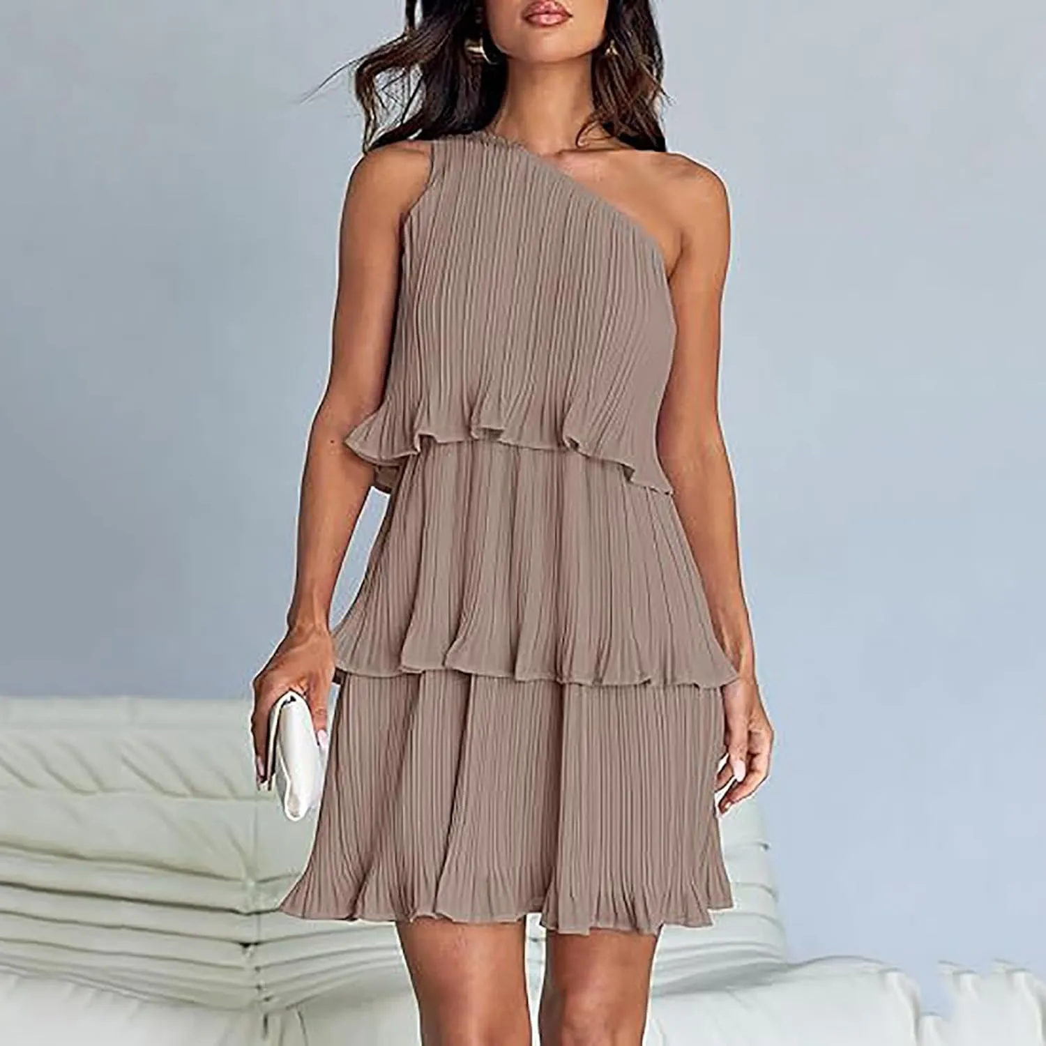 Akklian Mini Dresses for Women Summer Sleeveless Boho One Shoulder Ruffle Tiered Layered Chiffon Sundress Flowy A Line Dress