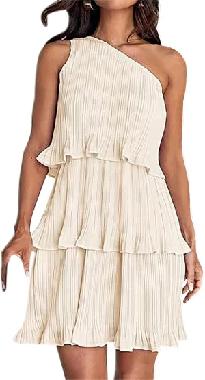 Akklian Mini Dresses for Women Summer Sleeveless Boho One Shoulder Ruffle Tiered Layered Chiffon Sundress Flowy A Line Dress