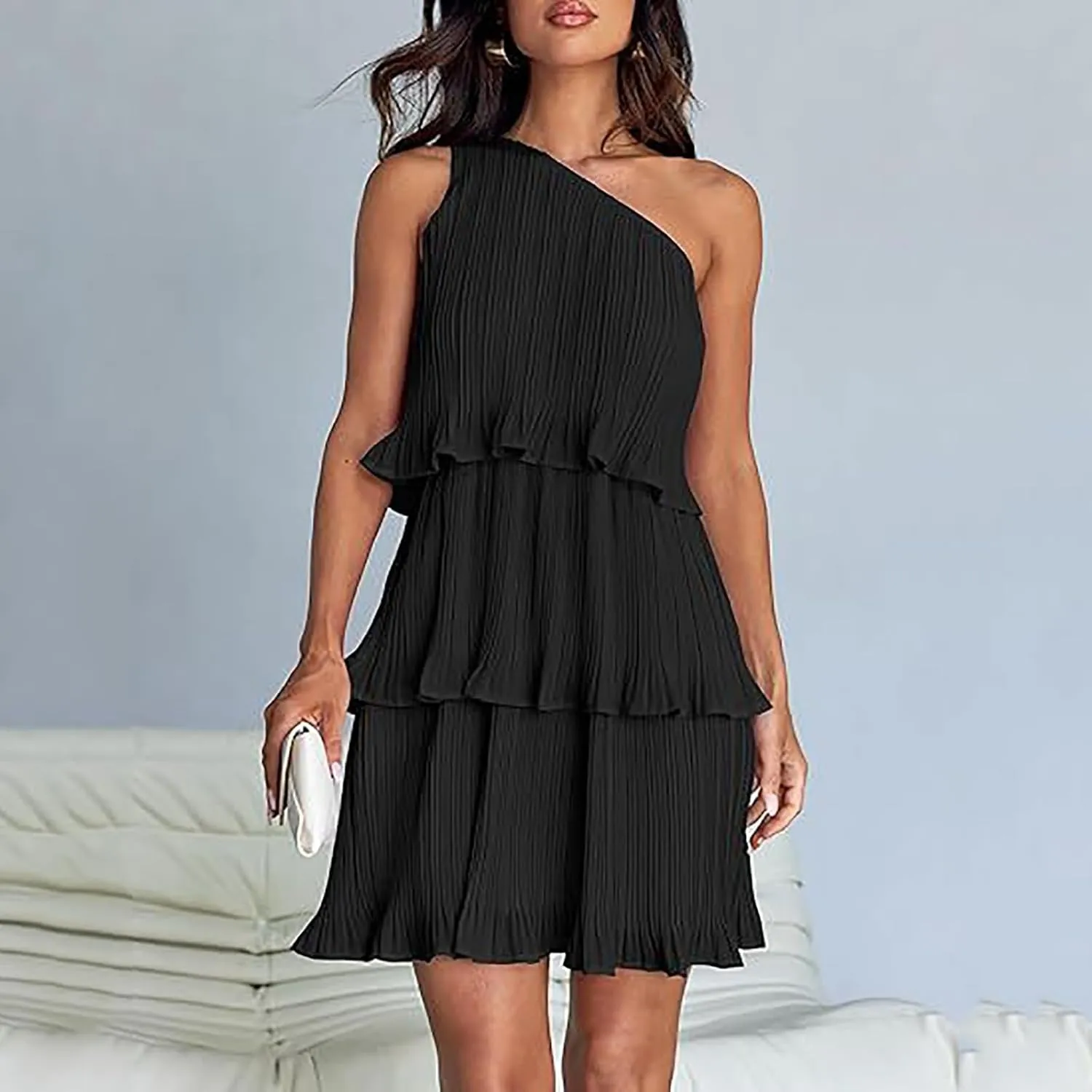 Akklian Mini Dresses for Women Summer Sleeveless Boho One Shoulder Ruffle Tiered Layered Chiffon Sundress Flowy A Line Dress